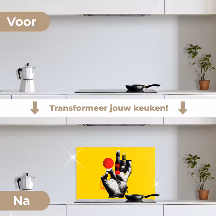 Hand - Rode cirkel - Geel keuken achterwand spatscherm klein -voor_na_NL