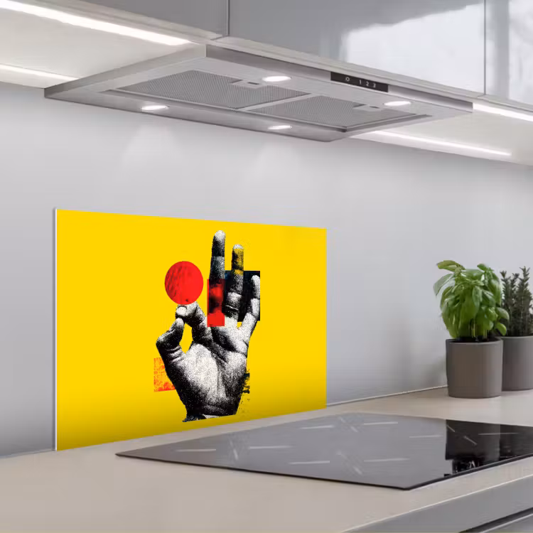 Hand - Rode cirkel - Geel keuken achterwand spatscherm klein -3d_schuin