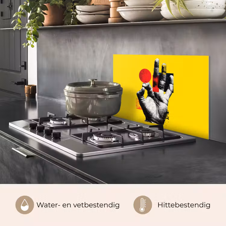 Hand - Rode cirkel - Geel keuken achterwand spatscherm klein -usp_NL
