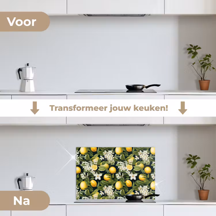 Hangende - Citroenen - Witte - Bloemetjes keuken achterwand spatscherm klein 900 -voor_na_NL