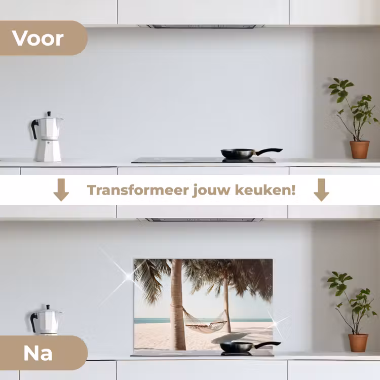 Hangmat - Palmbomen - Strand - Zee keuken achterwand spatscherm klein -voor_na_NL