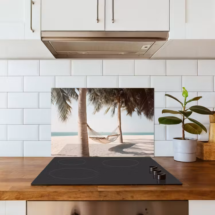 Hangmat - Palmbomen - Strand - Zee keuken achterwand spatscherm klein -sfeer2