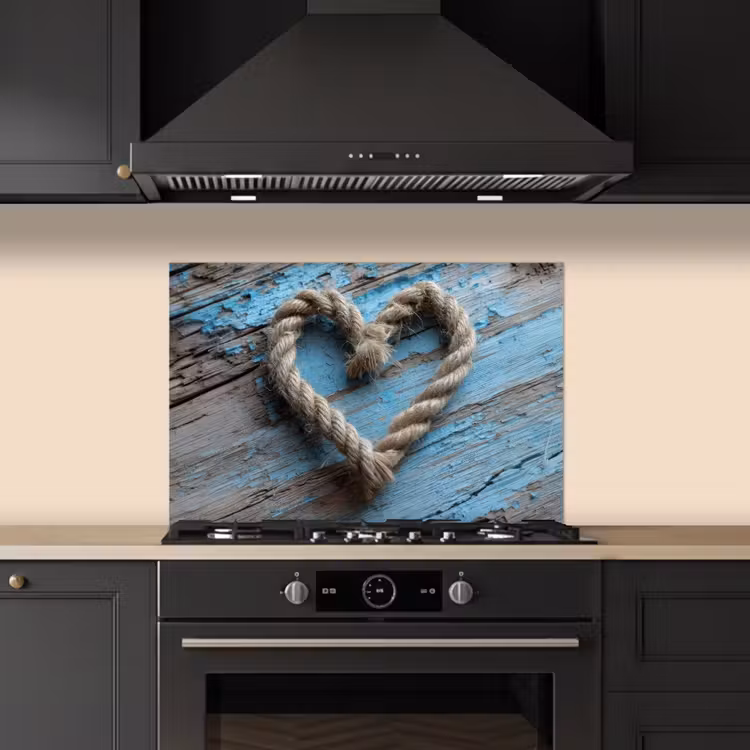 Hart - Touw - Hout - Rustiek keuken achterwand spatscherm klein -sfeer1