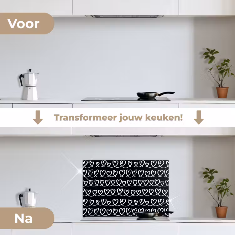 Harten - Verweven - Zwart - Wit keuken achterwand spatscherm klein 900 -voor_na_NL