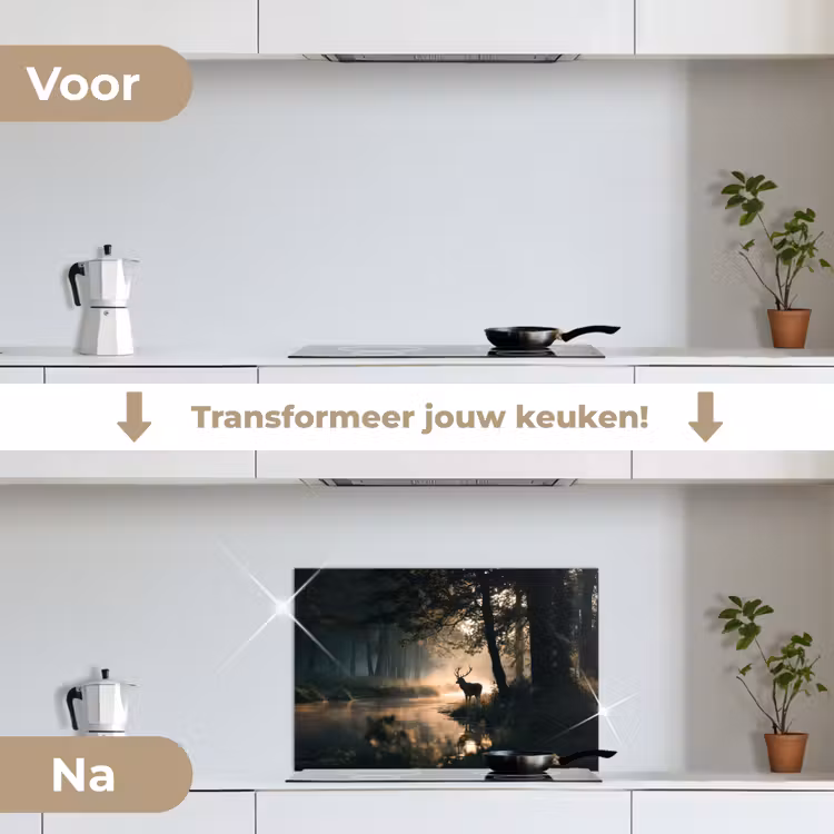 Hert - Bosbeek - Mystiek keuken achterwand spatscherm klein -voor_na_NL