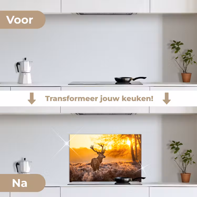 Hert - Dieren - Zonsondergang - Winter - Heide - Natuur keuken achterwand spatscherm klein -voor_na_NL