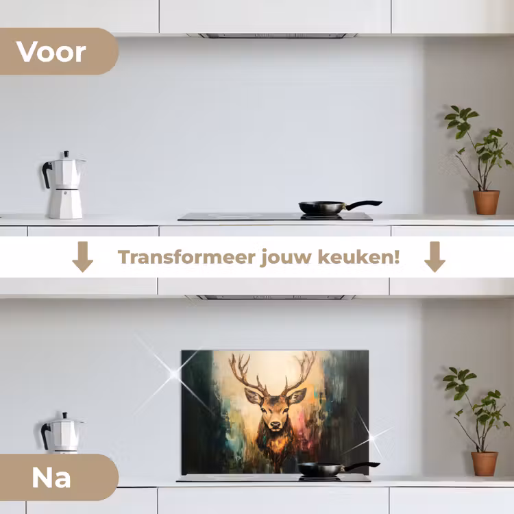 Hert - Geverfd - Gewei - Bruin keuken achterwand spatscherm klein -voor_na_NL