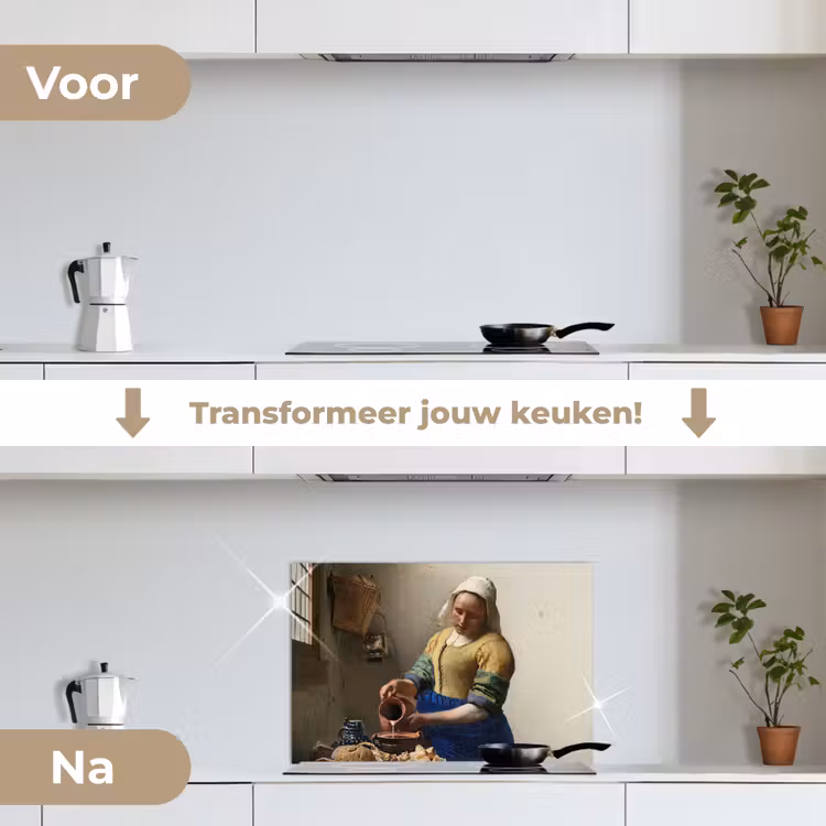 Het melkmeisje - Schilderij van Johannes Vermeer keuken achterwand spatscherm klein -voor_na_NL