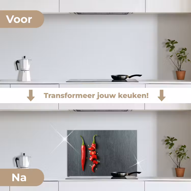Het Spectrum van Pittigheid keuken achterwand spatscherm klein -voor_na_NL