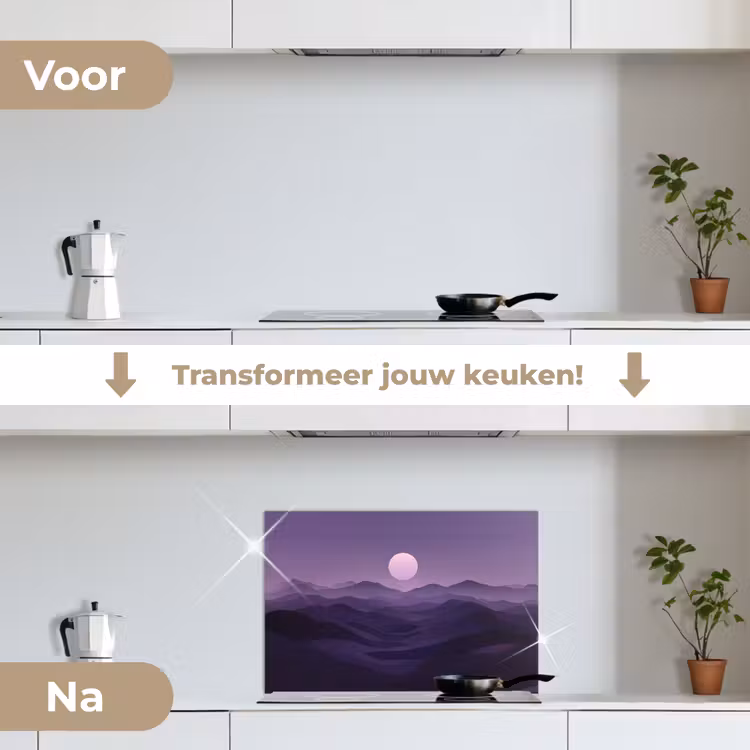 Heuvels - Paars - Mist - Zon keuken achterwand spatscherm klein -voor_na_NL