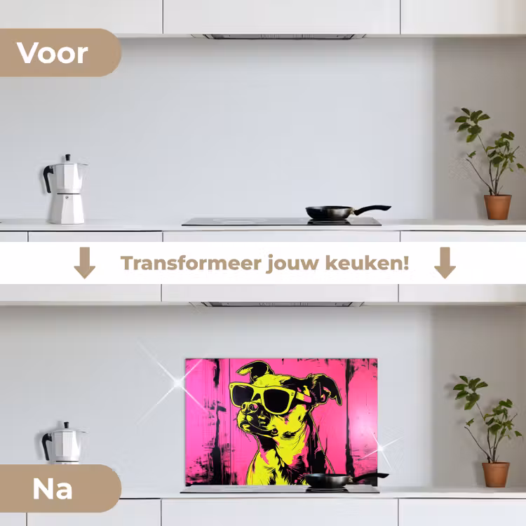 Hond - Zonnebril - Roze - Art keuken achterwand spatscherm klein -voor_na_NL