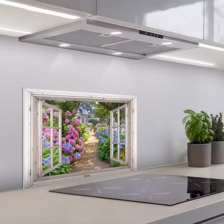 Hortensia - Doorkijk - Bloemen - Zomer - Paars - Pad keuken achterwand spatscherm klein -3d_schuin