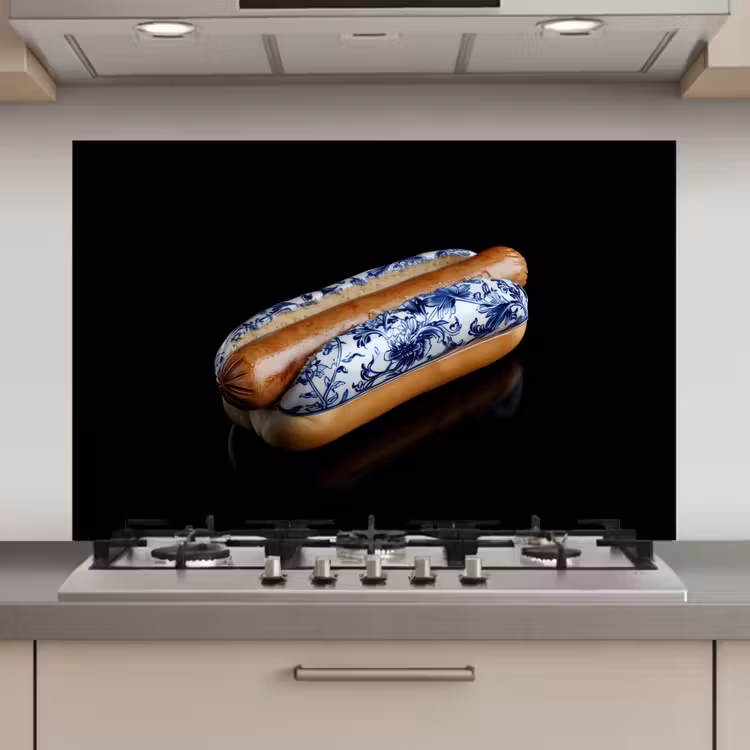 Hotdog - Porselein - Delfts blauw - Eten keuken achterwand spatscherm klein -3d_website