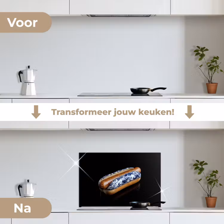 Hotdog - Porselein - Delfts blauw - Eten keuken achterwand spatscherm klein -voor_na_NL