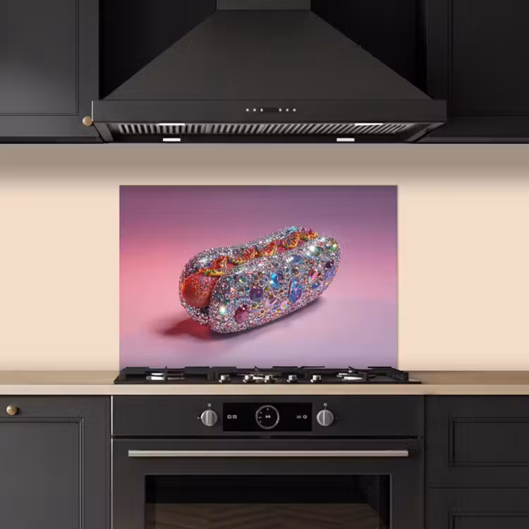 Hotdog - Steentjes - Glitters - Paars keuken achterwand spatscherm klein -sfeer1