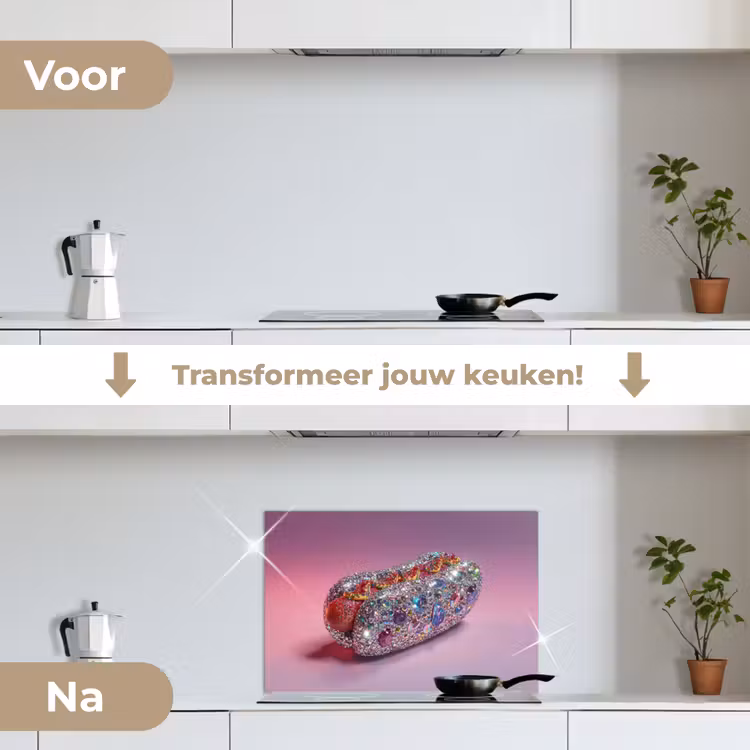 Hotdog - Steentjes - Glitters - Paars keuken achterwand spatscherm klein -voor_na_NL