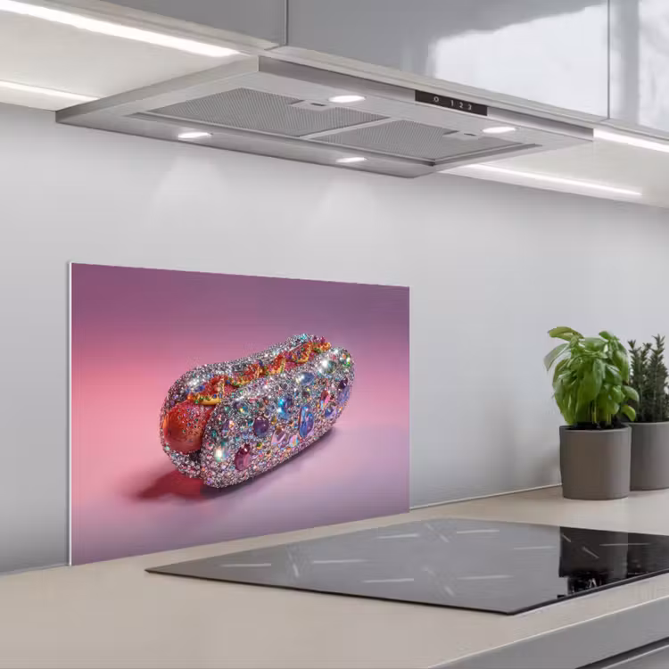 Hotdog - Steentjes - Glitters - Paars keuken achterwand spatscherm klein -3d_schuin