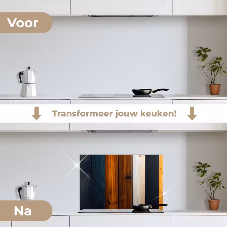 Hout - Planken - Donker - Warm keuken achterwand spatscherm klein -voor_na_NL