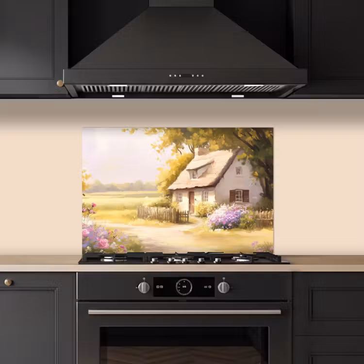 Huisje - Hout - Bloemen keuken achterwand spatscherm klein -sfeer1