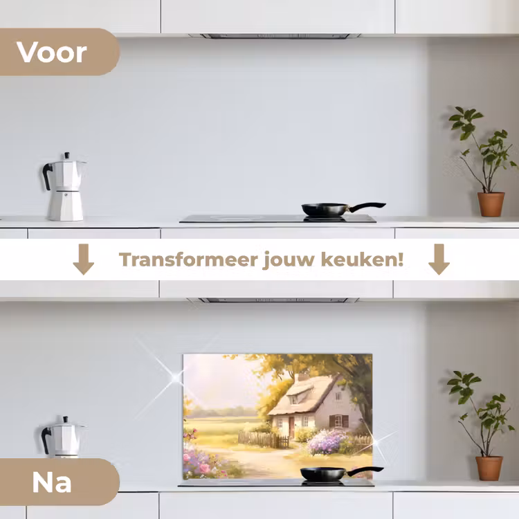 Huisje - Hout - Bloemen keuken achterwand spatscherm klein -voor_na_NL