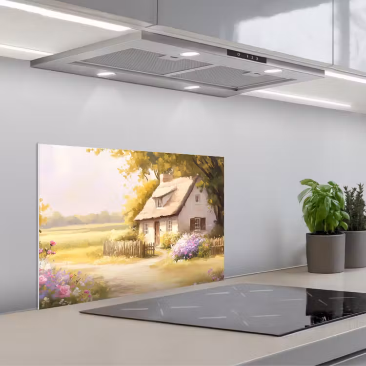Huisje - Hout - Bloemen keuken achterwand spatscherm klein -3d_schuin