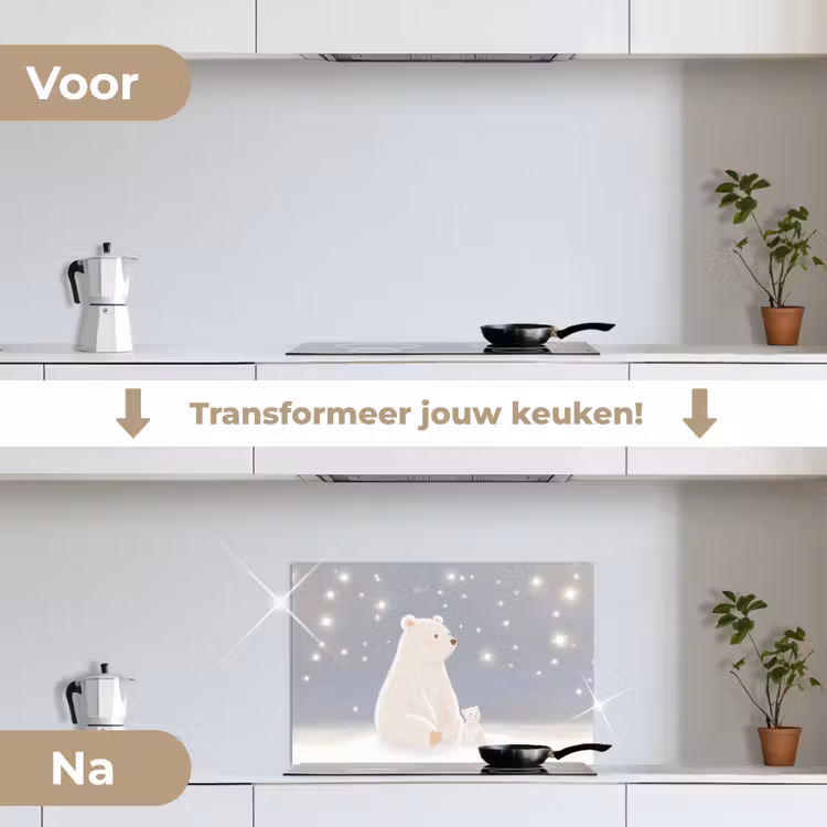 Ijsbeer - Sneeuw - Sterren - Blauw keuken achterwand spatscherm klein -voor_na_NL