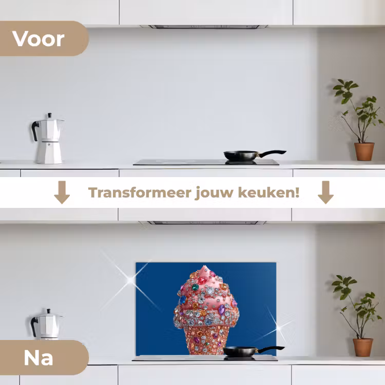 Ijsje - Hoorntje - Steentjes - Blauw keuken achterwand spatscherm klein -voor_na_NL
