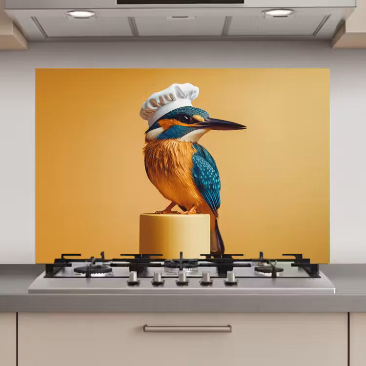 Ijsvogel - Pilaar - Koksmuts - Vogel keuken achterwand spatscherm klein -3d_website