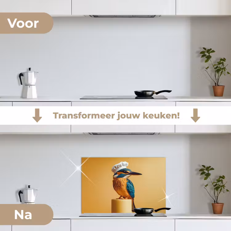Ijsvogel - Pilaar - Koksmuts - Vogel keuken achterwand spatscherm klein -voor_na_NL