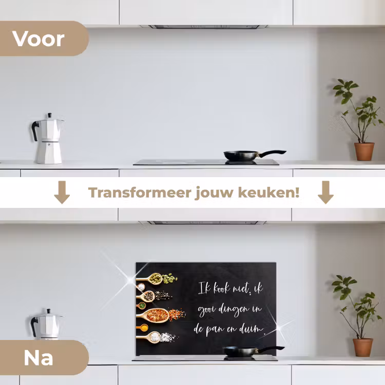 Ik gooi dingen in de pan en duim - Keuken - Quotes - Spreuken - Humor keuken achterwand spatscherm klein -voor_na_NL