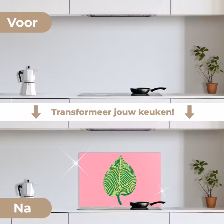 Illustratie - Blad - Minimalistisch - Groen keuken achterwand spatscherm klein -voor_na_NL