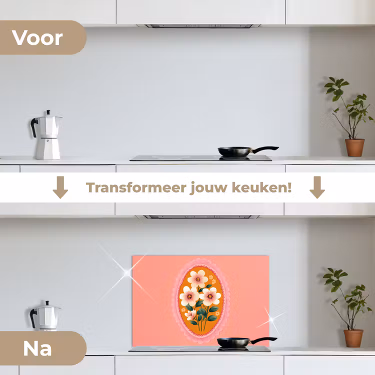 Illustratie - Bloemen - Rand - Roze keuken achterwand spatscherm klein -voor_na_NL