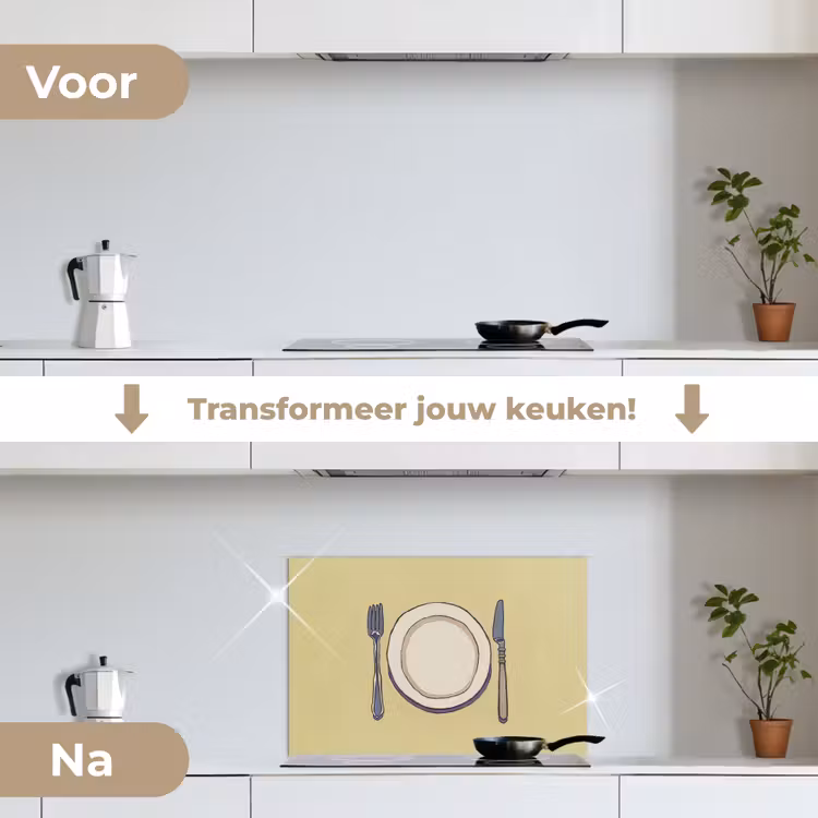 Illustratie - Bord - Bestek - Beige keuken achterwand spatscherm klein -voor_na_NL