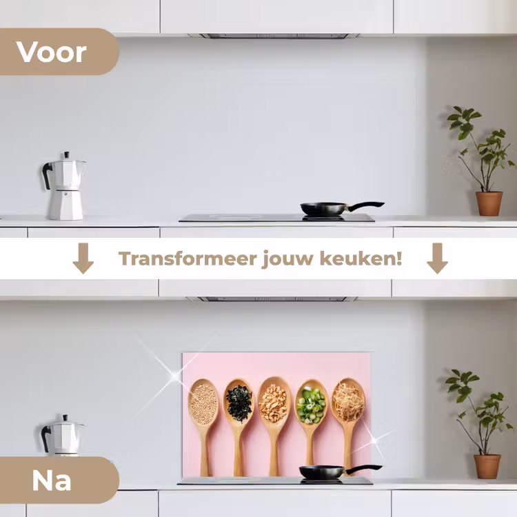 Ingrediënten - Lepels - Hout - Roze keuken achterwand spatscherm klein -voor_na_NL
