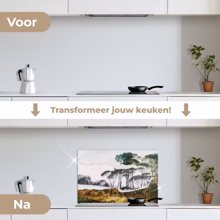 Italiaans landschap parasoldennen - Kunst - Hendrik Voogd - Schilderij - Zwart wit - Oude meesters keuken achterwand spatscherm klein -voor_na_NL