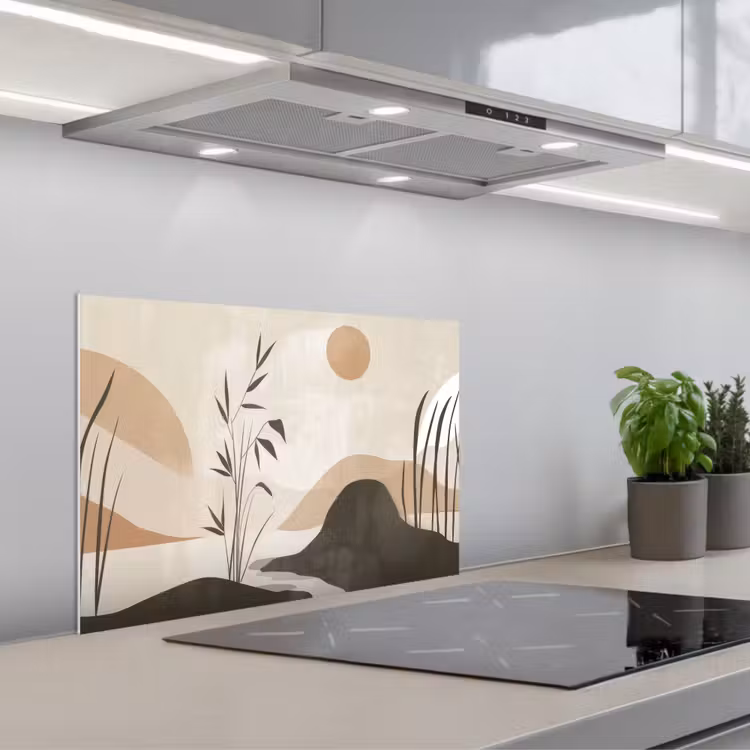 Japandi - Landschap - Beige keuken achterwand spatscherm klein -3d_schuin