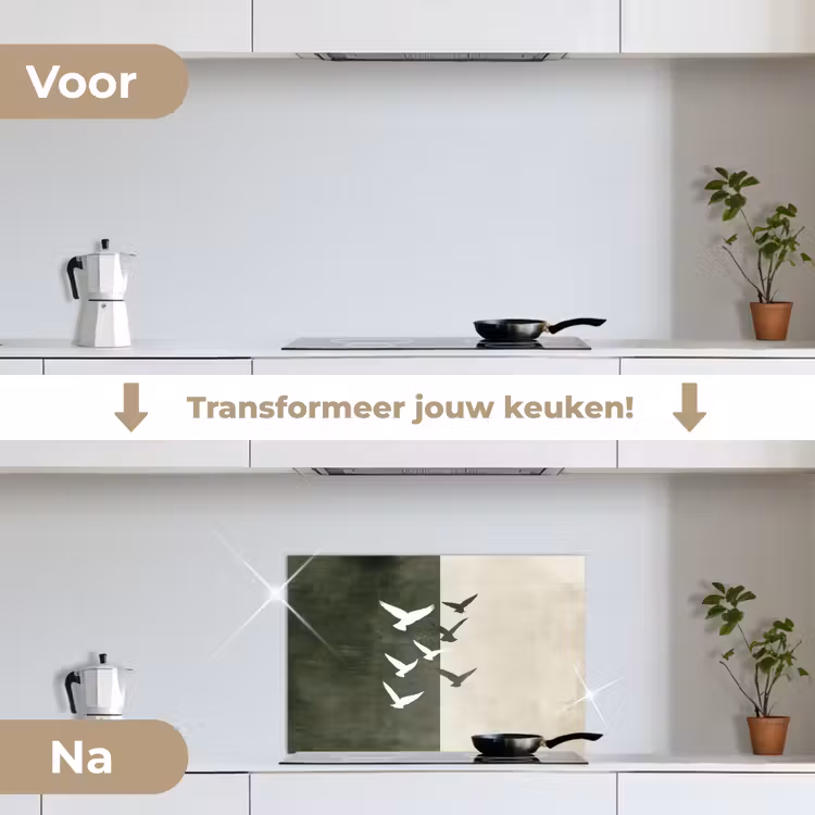 Japandi - Vogel - Groen keuken achterwand spatscherm klein -voor_na_NL