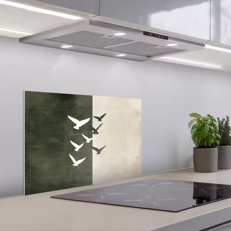 Japandi - Vogel - Groen keuken achterwand spatscherm klein -3d_schuin