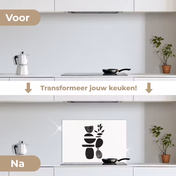 Japandi - Zwart - Abstract keuken achterwand spatscherm klein -voor_na_NL