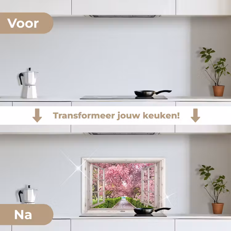 Japans - Sakura - Bloesem - Boom - Bloesem takken - Doorkijk keuken achterwand spatscherm klein -voor_na_NL
