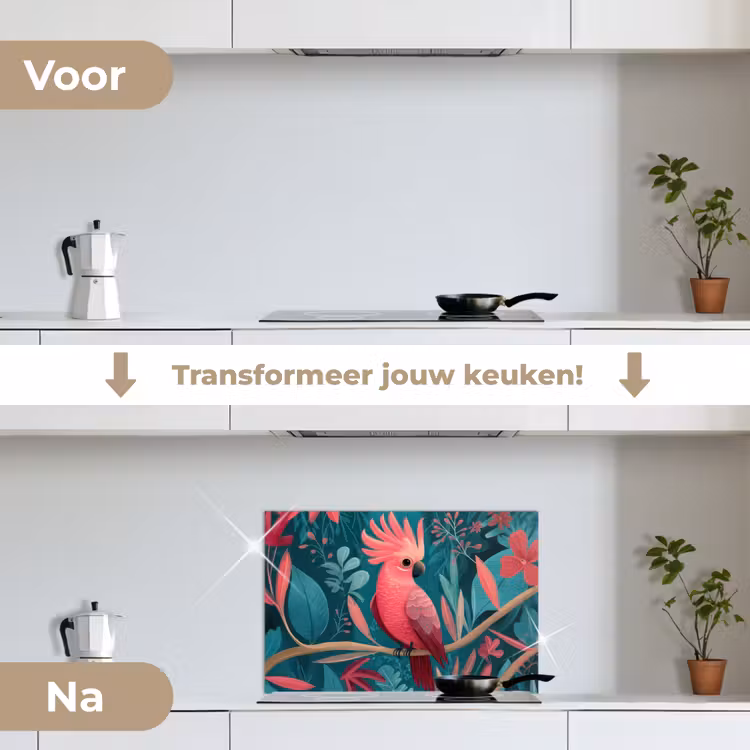 Kaketoe - Tropische bladeren - Tak keuken achterwand spatscherm klein -voor_na_NL