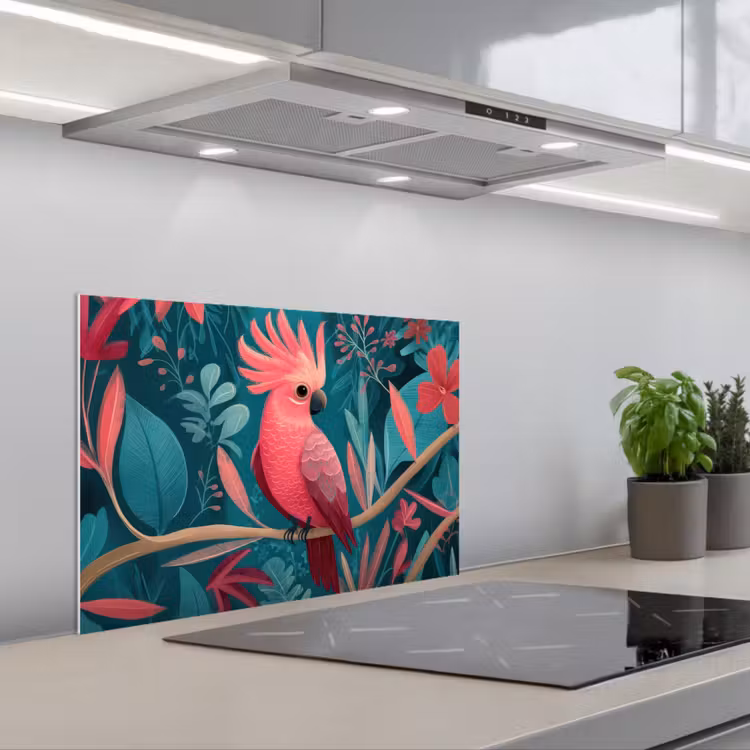 Kaketoe - Tropische bladeren - Tak keuken achterwand spatscherm klein -3d_schuin
