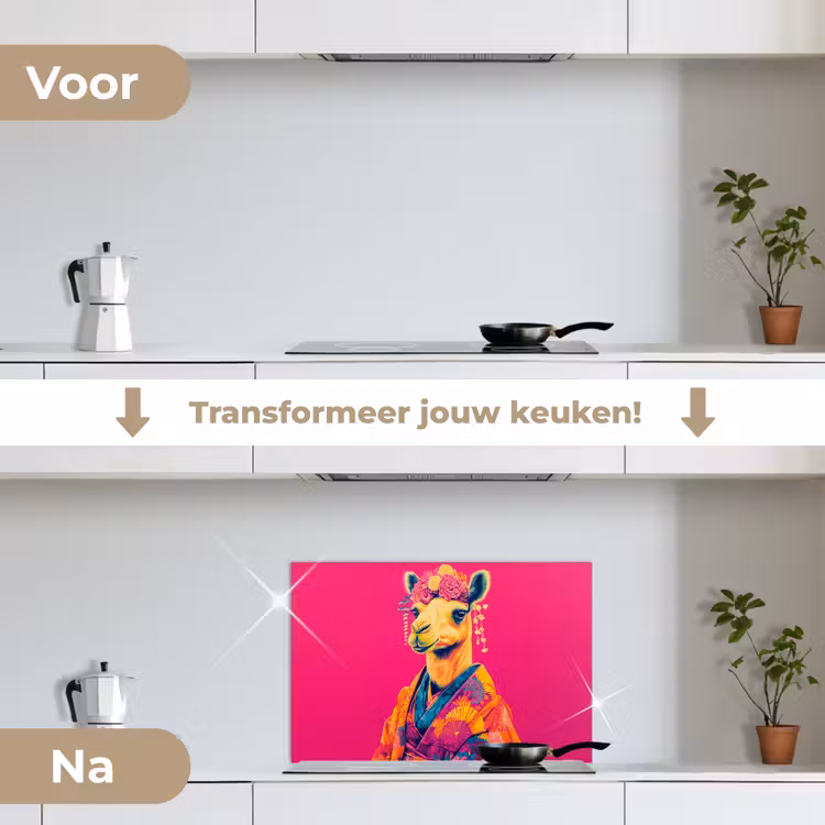 Kameel - Bloemen - Kimono - Waaiers keuken achterwand spatscherm klein -voor_na_NL