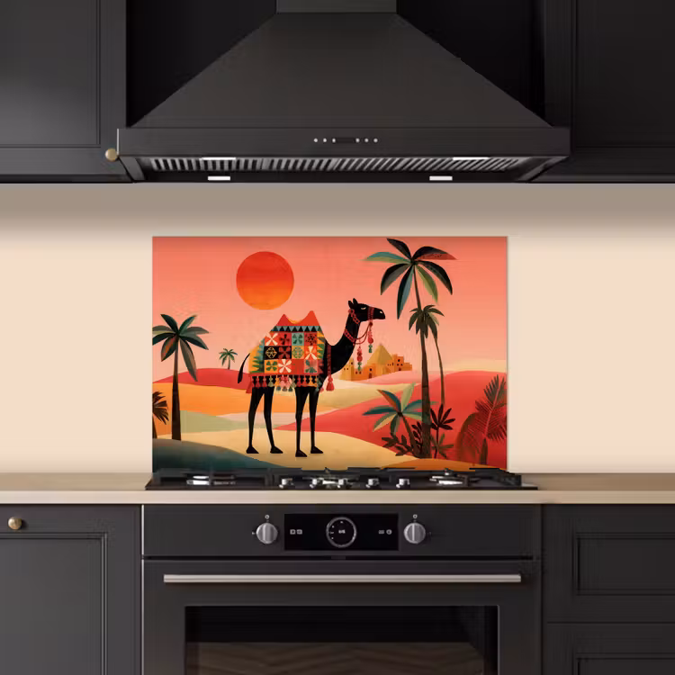 Kameel - Gekleurd tapijt - Duinen - Rode zon keuken achterwand spatscherm klein -sfeer1