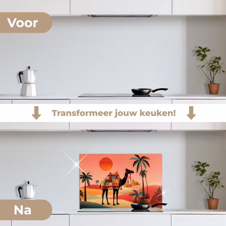 Kameel - Gekleurd tapijt - Duinen - Rode zon keuken achterwand spatscherm klein -voor_na_NL