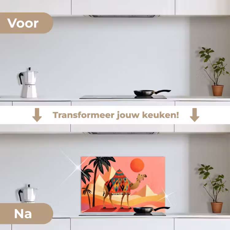 Kameel - Pyramides - Rode zon keuken achterwand spatscherm klein -voor_na_NL