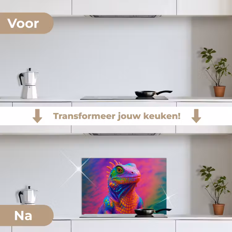 Kameleon - Dieren - Neon - Kleur keuken achterwand spatscherm klein -voor_na_NL