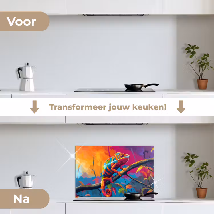 Kameleon - Tak - Gestreept - Bladeren keuken achterwand spatscherm klein -voor_na_NL