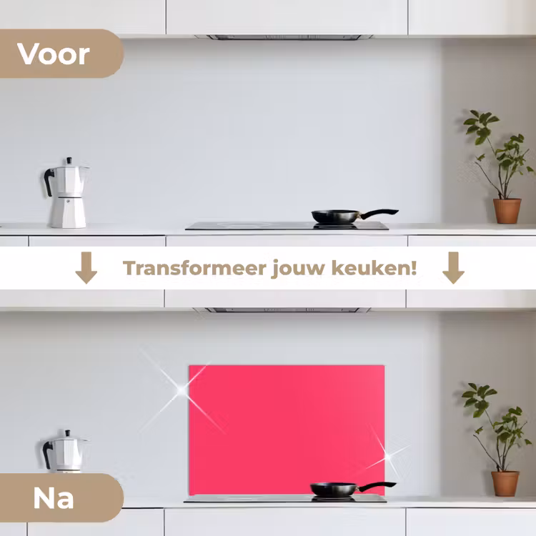 Karmijn - Kleuren - Palet - Roze keuken achterwand spatscherm klein 900 -voor_na_NL