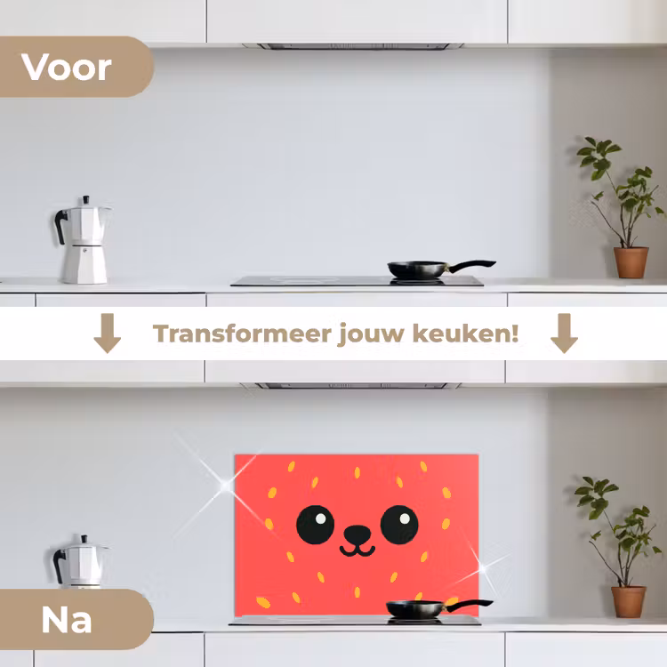 Kat - Aardbei - Cartoon keuken achterwand spatscherm klein -voor_na_NL